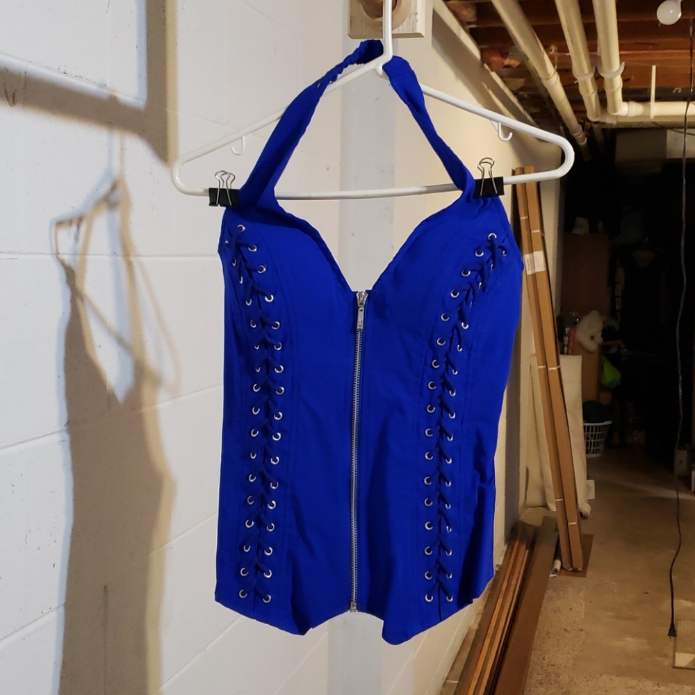 Blue sexy halter zip up corset